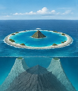 Stufe 4 der Atoll-Entstehung: Sinkende Insel
